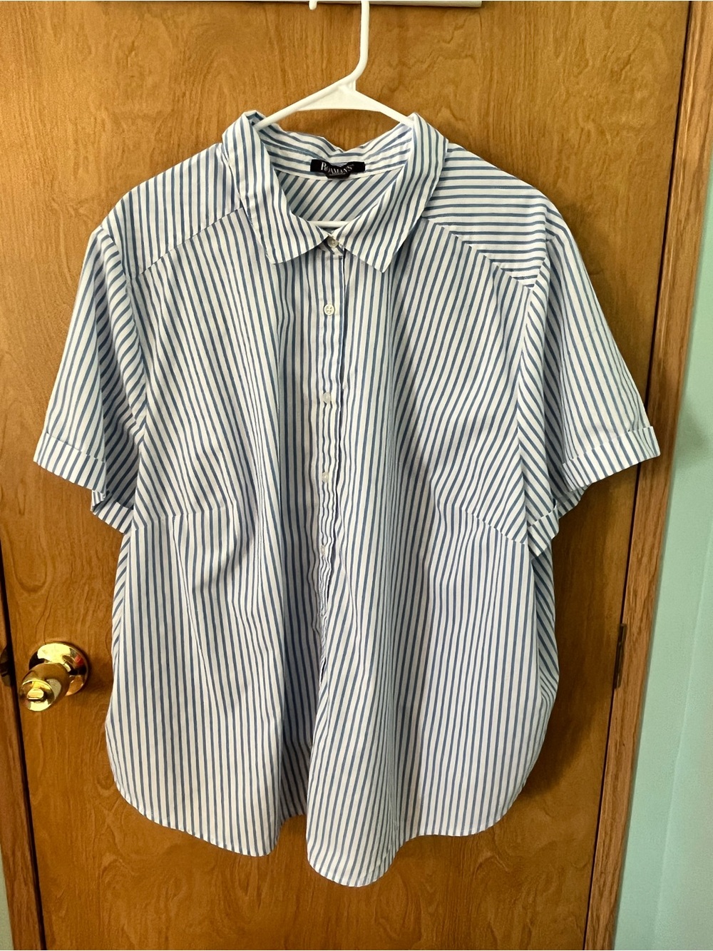 Roaman's Blue &White Striped Short-Sleeve Button-Front Shirt Size 32W EUC